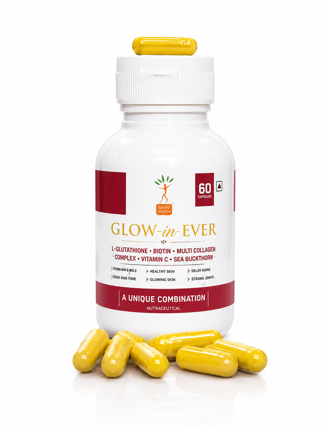 Sarv Shuddh GLOW-in-EVER Skin Glow & Hair Wellness Capsules | L-Glutathione, Biotin, Multi Collagen, Vitamin C & Sea Buckthorn | 60 Capsules